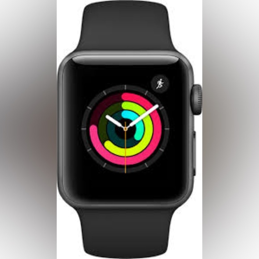 Apple Watch Series 3 with black sport band and charger